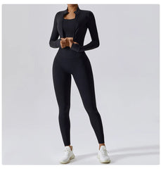 Conjunto Fitness com Jaqueta Cropped e Top – Short de Cintura Alta