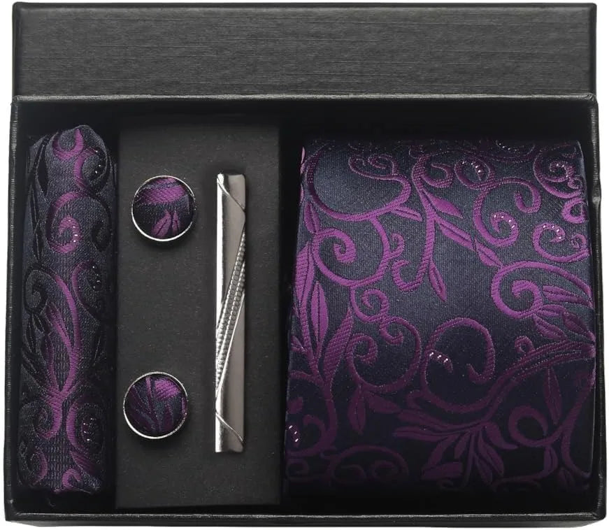 Conjunto Gravata Paisley Preto Roxo Magenta