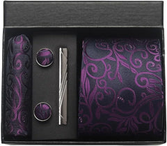 Conjunto Gravata Paisley Preto Roxo Magenta