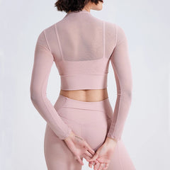 Conjunto Fitness com Manga Longa e Recortes em Tule