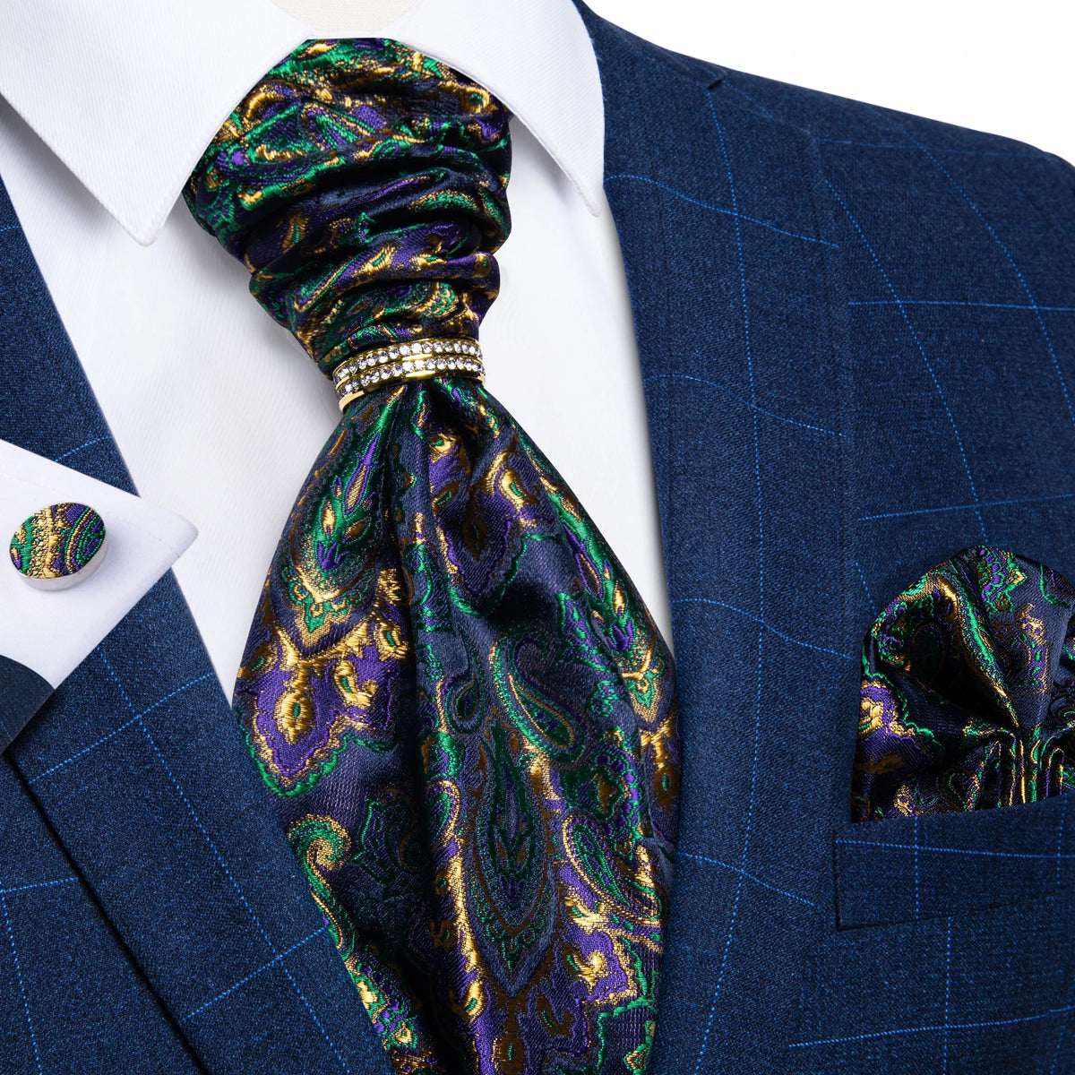 Gravata Ascot Jacquard com Lenço, Broche e Abotoaduras