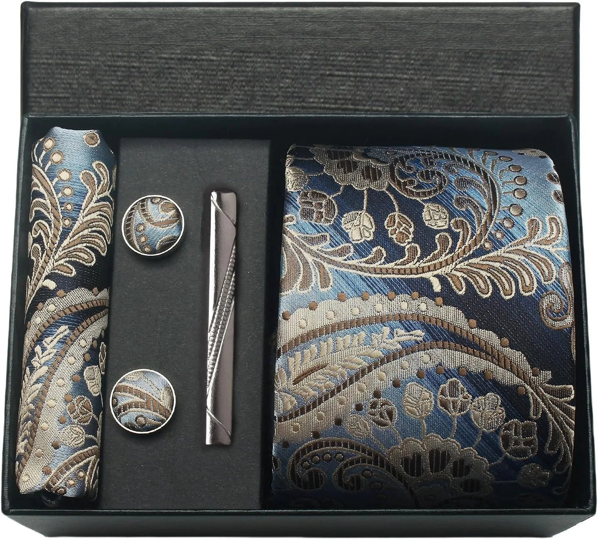 Conjunto Gravata de Seda Paisley Azul