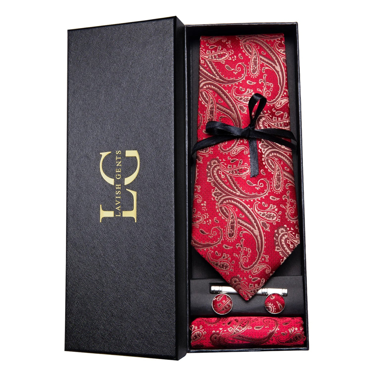 Conjunto de Gravata e Lenço Paisley Vermelho Vivo