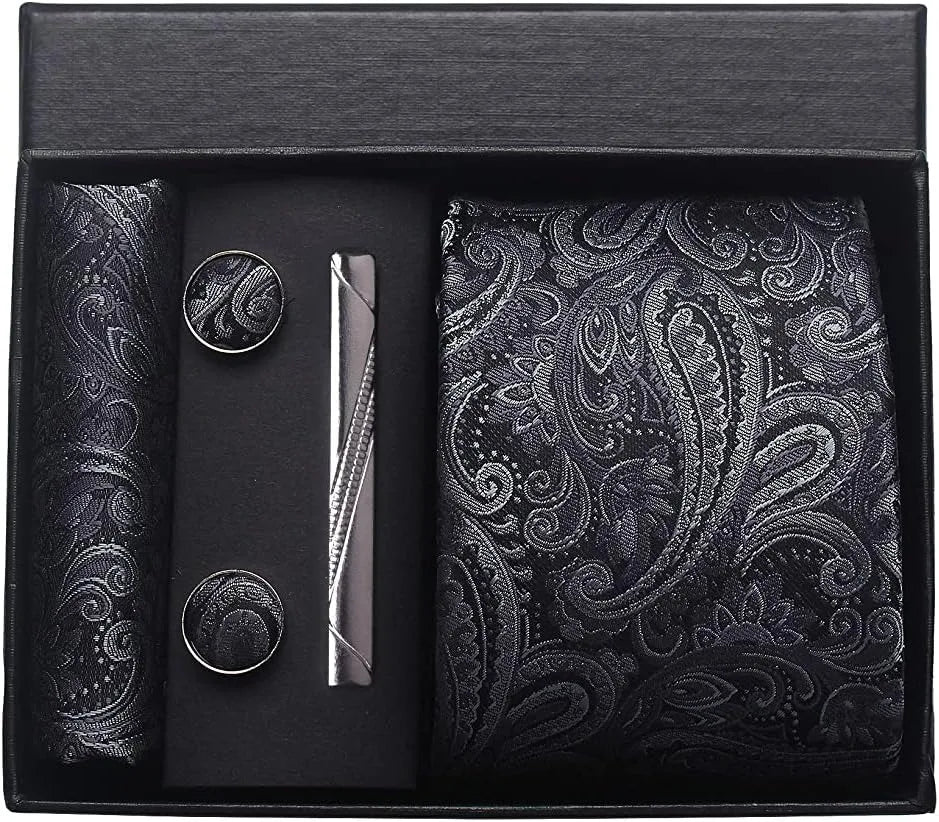 Conjunto Gravata Paisley Cinza Preto Telion