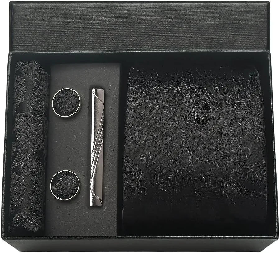 Conjunto Gravata de Seda Paisley Preto