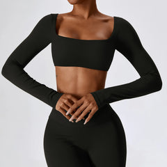 Cropped Fitness Manga Longa com Decote Quadrado