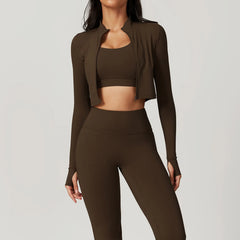 Conjunto Fitness com Jaqueta Cropped e Top – Short de Cintura Alta