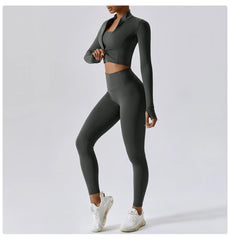 Conjunto Fitness com Jaqueta Cropped e Top – Short de Cintura Alta