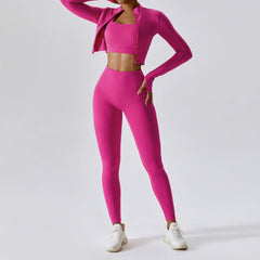 Conjunto Fitness com Jaqueta Cropped e Top – Short de Cintura Alta