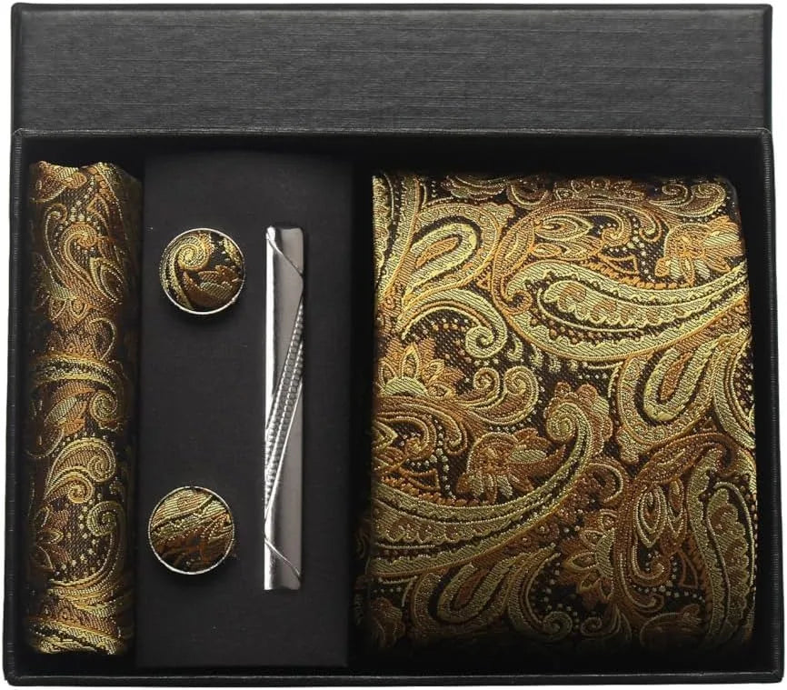 Conjunto Gravata de Seda Paisley Ouro Velho