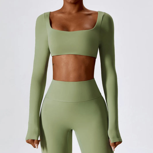 Cropped Fitness Manga Longa com Decote Quadrado