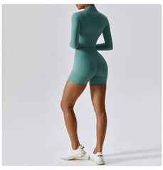 Conjunto Fitness com Jaqueta Cropped e Top – Short de Cintura Alta