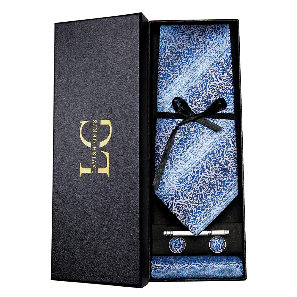 Conjunto de Gravata e Lenço de Seda Paisley Azul Claro