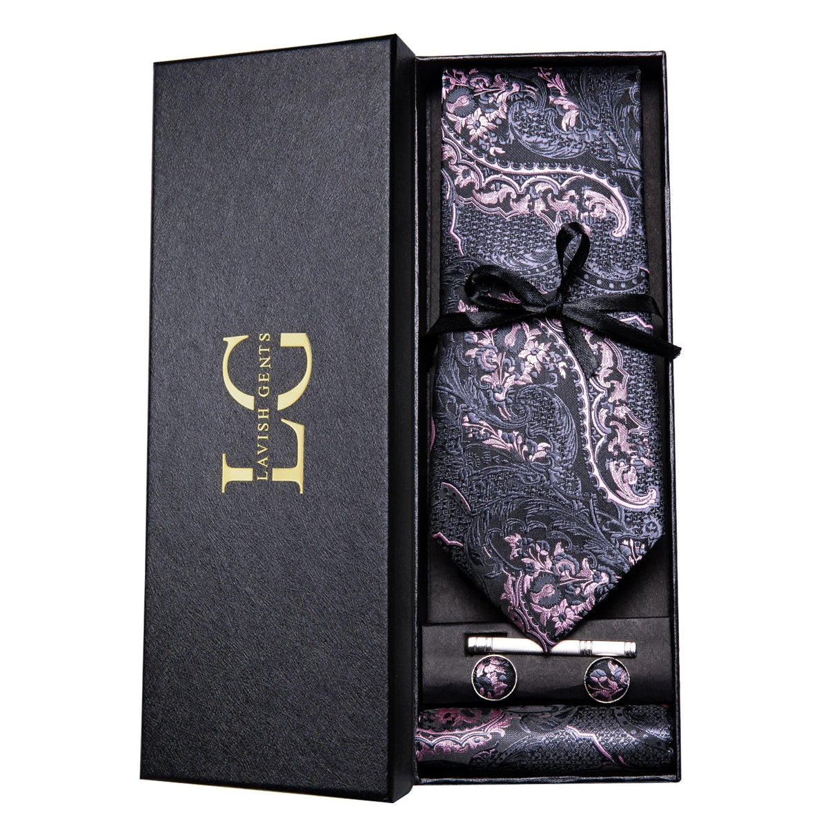 Conjunto de Gravata e Lenço Paisley Preta com Lilás