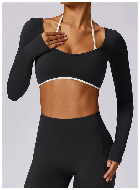 Blusa Fitness Manga Longa com Recorte Frontal e Costas Vazadas