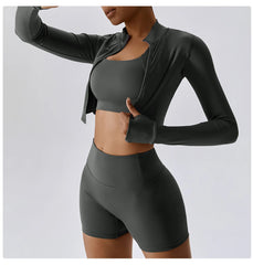 Conjunto Fitness com Jaqueta Cropped e Top – Short de Cintura Alta