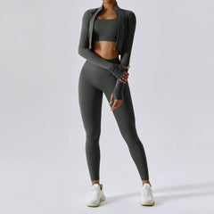 Conjunto Fitness com Jaqueta Cropped e Top – Short de Cintura Alta