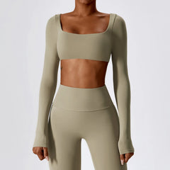 Cropped Fitness Manga Longa com Decote Quadrado