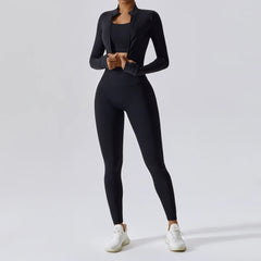 Conjunto Fitness com Jaqueta Cropped e Top – Short de Cintura Alta