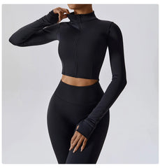 Conjunto Fitness com Jaqueta Cropped e Top – Short de Cintura Alta