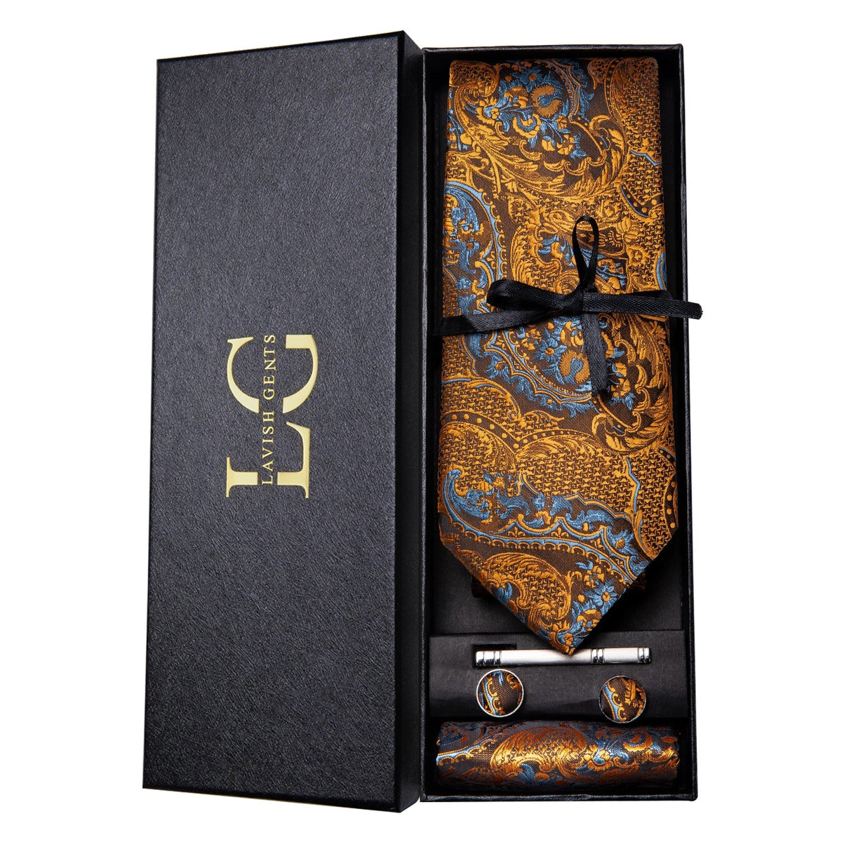 Conjunto de Gravata e Lenço Laranja Dourado