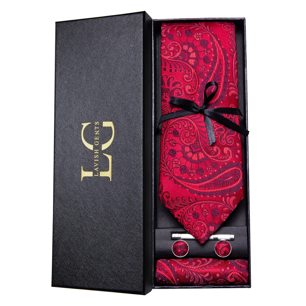Conjunto de Gravata e Lenço Paisley Vermelho Escuro