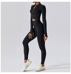 Conjunto Fitness com Jaqueta Cropped e Top – Short de Cintura Alta