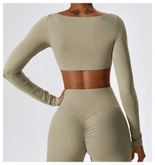Cropped Fitness Manga Longa com Decote Quadrado