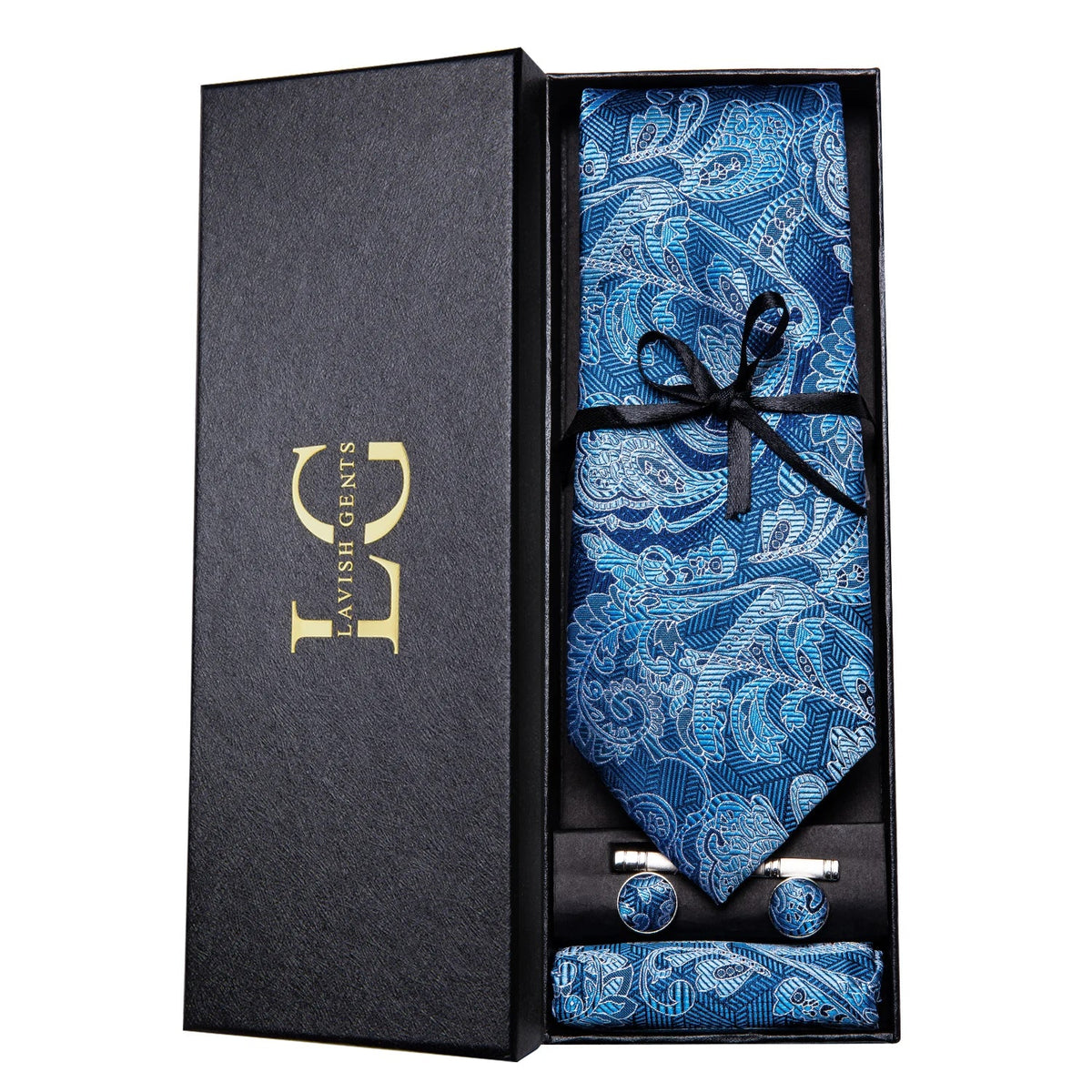 Conjunto de Gravata e Lenço Paisley Azul Claro