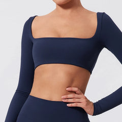 Cropped Fitness Manga Longa com Decote Quadrado