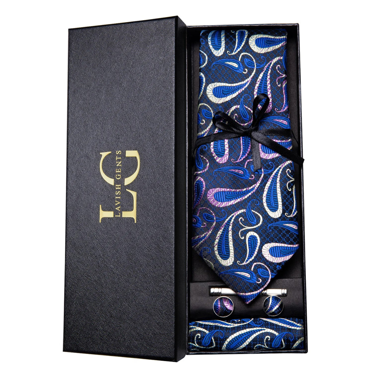Conjunto de Gravata e Lenço Azul Paisley