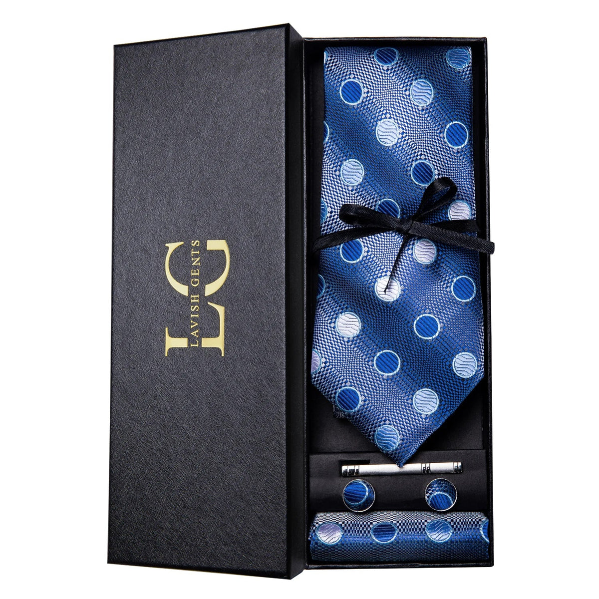 Conjunto de Gravata e Lenço de Seda Azul Poá