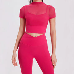 Conjunto Fitness com Blusa Manga Curta em Tule e Legging