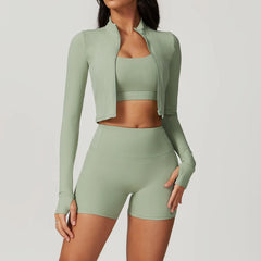 Conjunto Fitness com Jaqueta Cropped e Top – Short de Cintura Alta
