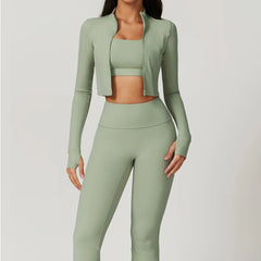 Conjunto Fitness com Jaqueta Cropped e Top – Short de Cintura Alta