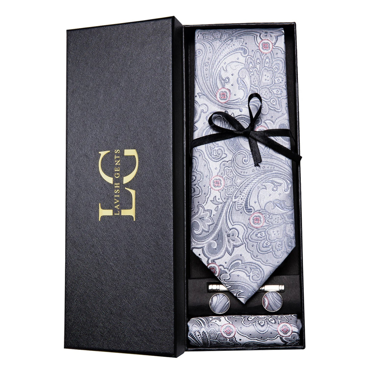 Conjunto de Gravata e Lenço Paisley Prata Clara
