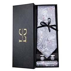 Conjunto de Gravata e Lenço Paisley Prata Clara