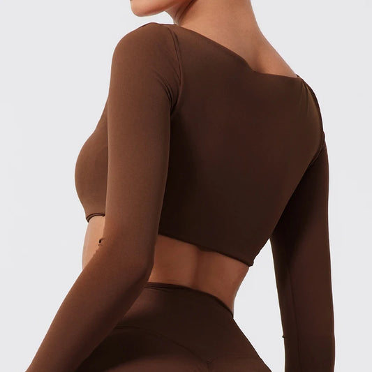 Cropped Fitness Manga Longa com Decote Quadrado