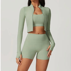 Conjunto Fitness com Jaqueta Cropped e Top – Short de Cintura Alta
