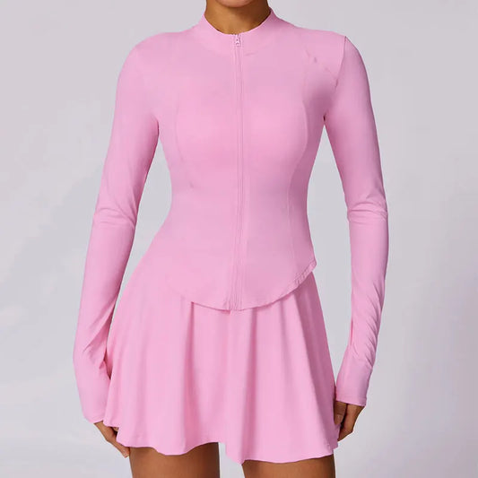 Vestido Fitness com Manga Longa e Saia Rodada
