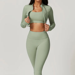Conjunto Fitness com Jaqueta Cropped e Top – Short de Cintura Alta
