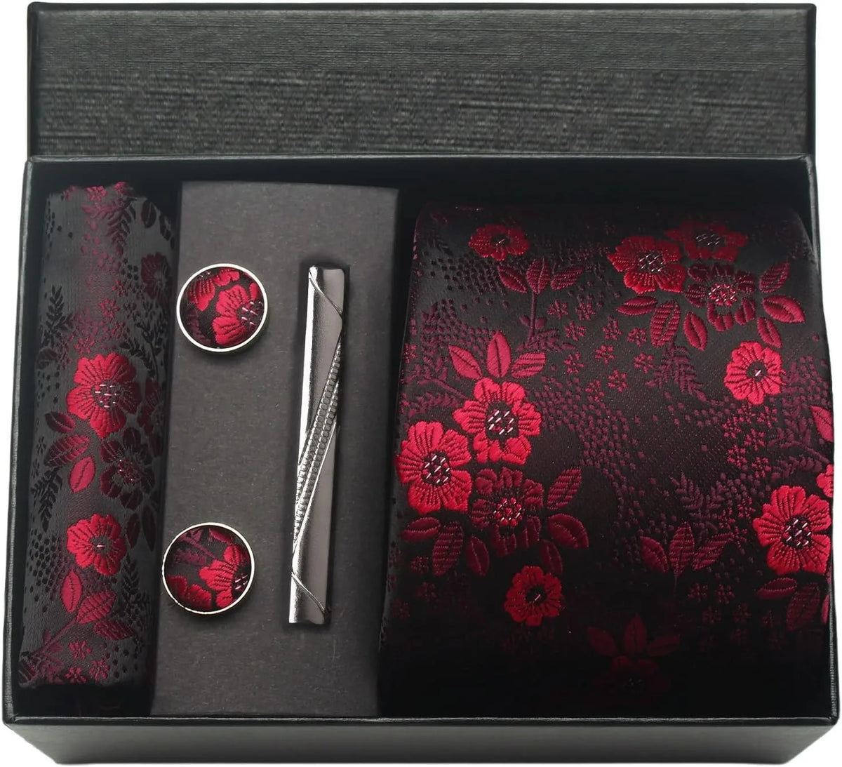 Conjunto Gravata Floral Vermelho Preto