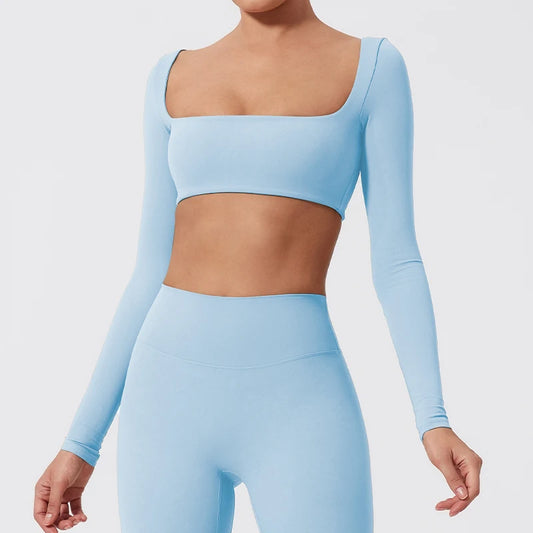Cropped Fitness Manga Longa com Decote Quadrado
