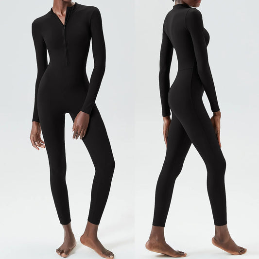 Macacão Fitness com Zíper Frontal e Cintura Marcada